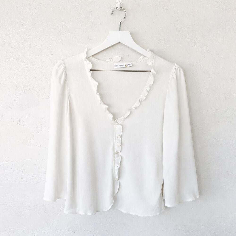 VILA White Ruffle V-Neck Bell Sleeve Blouse Women’s Small Semi Sheer